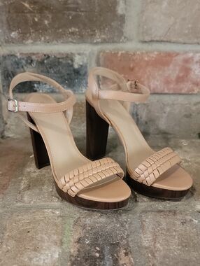 BCBGeneration Nude Woven Strap Block Heel Sandals